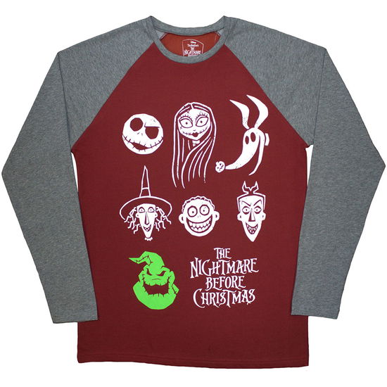 The Nightmare Before Christmas Unisex Raglan T-Shirt: Stacked Faces (Maroon Red & Grey) (Embellished) - Nightmare Before Christmas - The - Fanituote -  - 5056737254747 - maanantai 20. toukokuuta 2024