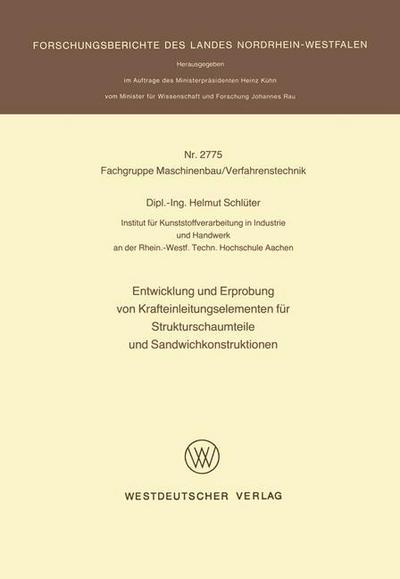 Cover for Helmut Schluter · Entwicklung Und Erprobung Von Krafteinleitungselementen Fur Strukturschaumteile Und Sandwichkonstruktionen (Paperback Book) [1978 edition] (1978)