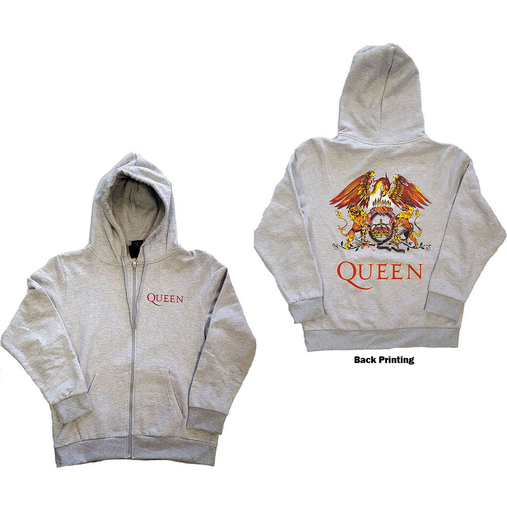 Queen Unisex Zipped Hoodie Classic Crest Back Print Grey Unisex edition