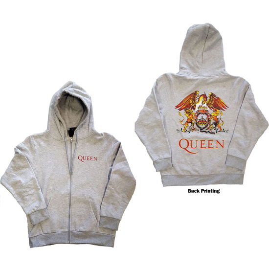 Cover for Queen · Queen Unisex Zipped Hoodie: Classic Crest (Ash Grey) (Back Print) (Hoodie) [size M] [Grey - Unisex edition] (2020)