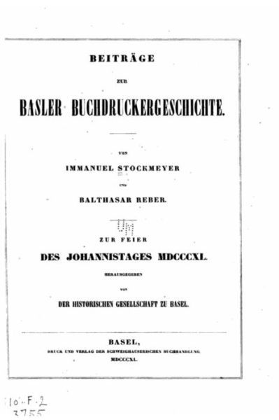 Cover for Immanuel Stockmeyer · Beitrage zur Basler buchdruckergeschichte (Paperback Book) (2016)