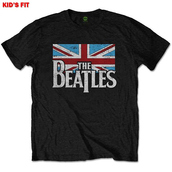 The Beatles Kids Tee: Dop T Logo & Vintage Flag - Black T-shirt - The Beatles - Koopwaar -  - 5056368623769 - 