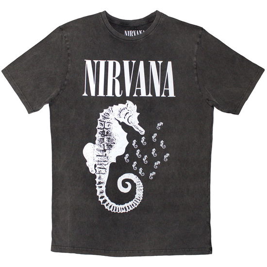 Cover for Nirvana · Nirvana Unisex Stone Wash T-Shirt: Seahorse &amp; Logo Mono (Charcoal Grey) (T-shirt) [size S] (2025)