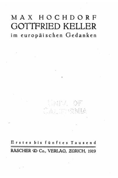 Cover for Max Hochdorf · Gottfried Keller im Europaischen Gedanken (Paperback Book) (2016)