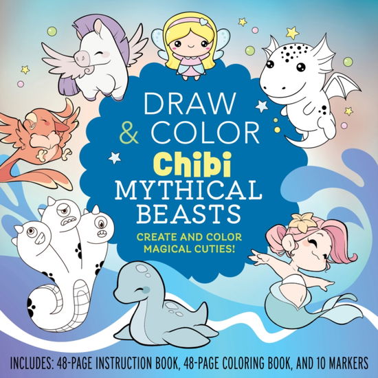 Cover for Editors of Chartwell Books · Draw and Color Chibi Mythical Beasts Kit: Create and Color Magical Cuties! Includes: 48-page Instruction Book, 48-page Coloring Book, and 10 Markers (Book) (2024)