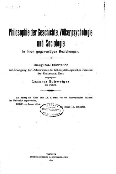 Cover for Lazarus Schweiger · Philosophie Der Geschichte, Voelkerpsychologie Und Sociologie (Paperback Book) (2016)