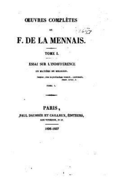 Cover for F De Lamennais · Oeuvres completes de F. de la Mennais - Tome I (Paperback Book) (2016)
