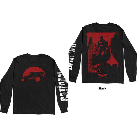 DC Comics Unisex Long Sleeve T-Shirt: The Batman Red Car & Figure (Back & Sleeve Print) - DC Comics - Produtos -  - 5056561017792 - 