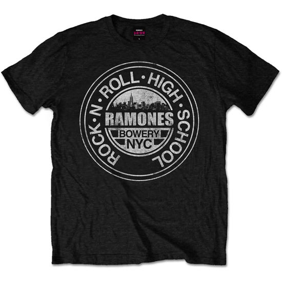 Ramones Unisex T-Shirt: Rock 'n Roll High School, Bowery, NYC - Ramones - Fanituote - ROFF - 5055979922797 - torstai 7. heinäkuuta 2016