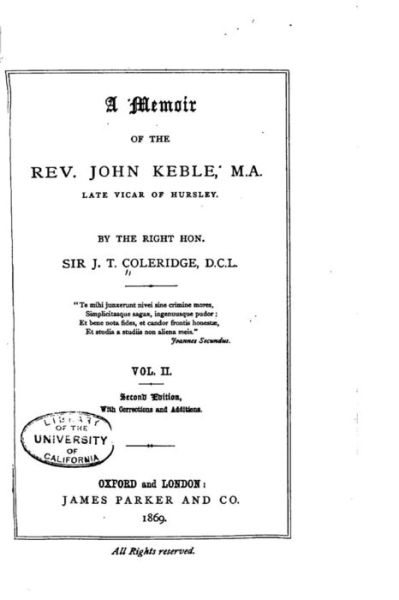 Cover for J T Coleridge · A Memoir of the Rev. John Keble - Vol. II (Paperback Book) (2016)