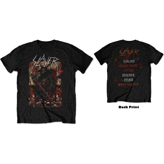 Slayer Unisex T-Shirt: Hellthrone 21/06/18 Iceland Event (Back Print/Ex Tour) - Slayer - Mercancía -  - 5056170667807 - 