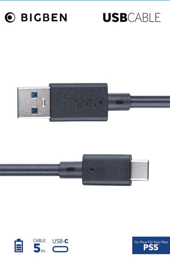 Charging And Data Transfer Usb Cable 5M (Bigben) - Playstation 5 - Brætspil - NACON - 3665962004809 - 31. december 2020