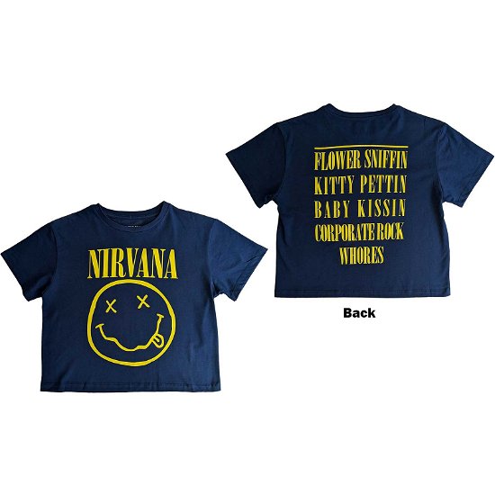 Nirvana Ladies Crop Top: Yellow Happy Face Flower Sniffin (Back Print) - Nirvana - Koopwaar -  - 5056561079813 - 