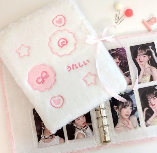 Cover for Bom Bom A5 6-hole photocard binder (Photocard Holder) [White Fur with Pink embroidery edition] (2025)