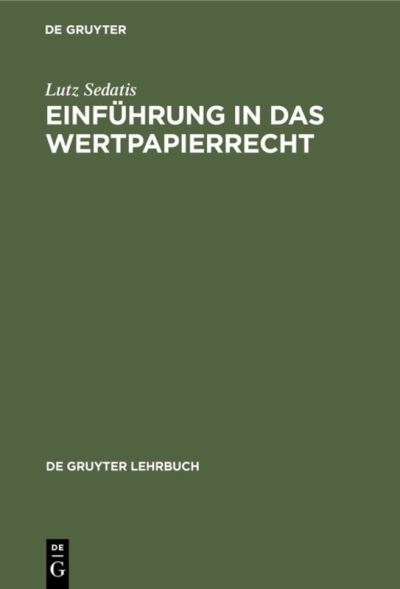 Cover for Lutz Sedatis · Einführung in das Wertpapierrecht (Paperback Book) (1988)