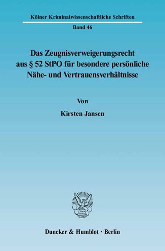 Cover for Jansen · Das Zeugnisverweigerungsrecht au (Book) (2004)