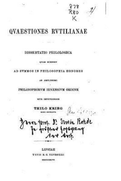 Cover for Thilo Krieq · Quaestiones Rutilianae (Paperback Book) (2016)