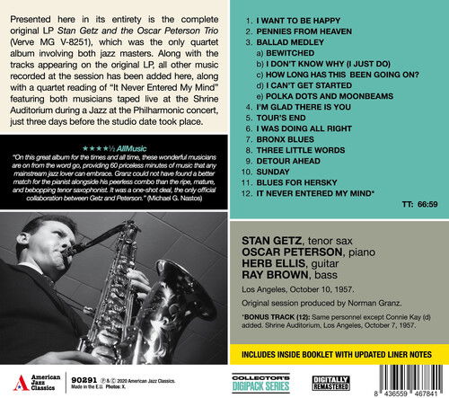 Stan Getz And The Oscart Peterson Trio - The Complete Session (+1 Bonus Track) - Stan Getz - Musique - AMERICAN JAZZ CLASSICS DIGIPACK SERIES - 8436559467841 - 4 septembre 2020