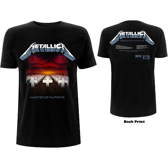 Metallica Unisex T-Shirt: Master of Puppets Tracks (Back Print) - Metallica - Produtos - MERCHANDISE - 5056187718844 - 22 de janeiro de 2020