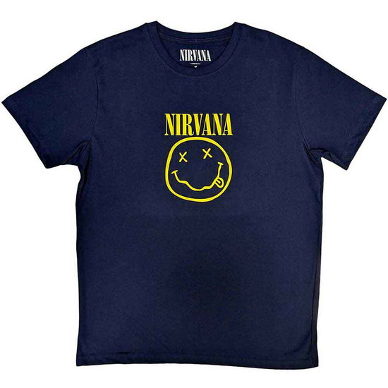 Nirvana Unisex T-Shirt: Yellow Happy Face (Navy Blue) - Nirvana - Merchandise - - 5056561036847 - May 2, 2023