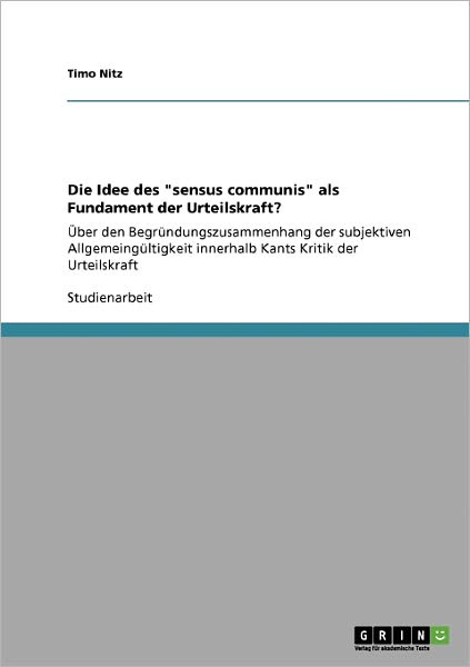 Cover for Nitz · Die Idee des &quot;sensus communis&quot; als (Book) [German edition] (2013)