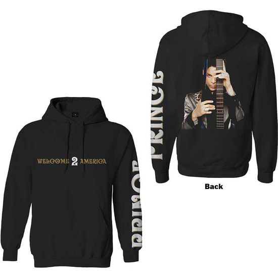 Prince Unisex Pullover Hoodie: Welcome 2 America (Black) (Back & Sleeve Print) - Prince - Merchandise -  - 5056561006857 - October 21, 2021