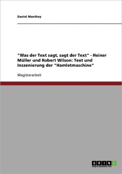 Cover for Daniel Manthey · Die &quot;Hamletmaschine&quot; von Heiner Müller (Book) [German edition] (2008)