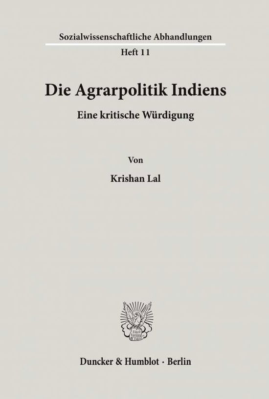 Cover for Lal · Die Agrarpolitik Indiens. (Bog) (1967)