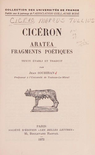 Cover for Cicéron · Aratea. Fragments Poétiques (Collection Des Universites De France Serie Latine) (French Edition) (Paperback Book) [French edition] (2002)