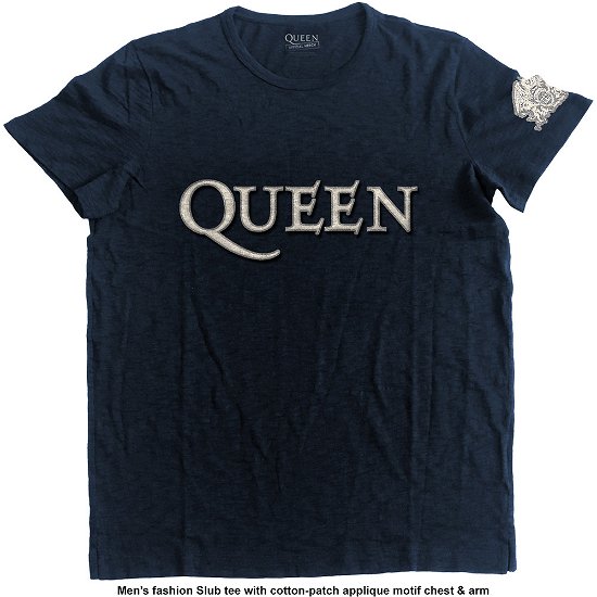 Cover for Queen · Queen Unisex T-Shirt: Logo &amp; Crest (Applique) (T-shirt) [size S] [Blue - Unisex edition]