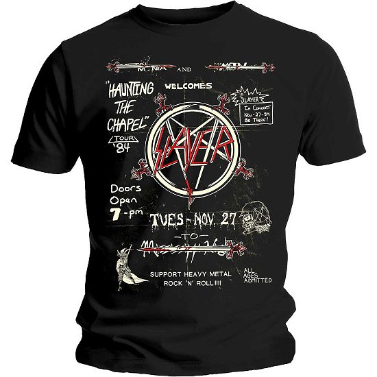 Slayer Unisex T-Shirt: Haunting 84 Flier - Slayer - Fanituote - Global - Apparel - 5056170622868 - perjantai 17. tammikuuta 2020