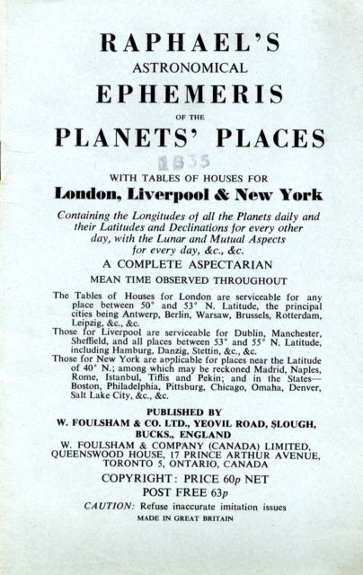 Cover for Edwin Raphael · Raphael's Astronomical Ephemeris: With Tables of Houses for London, Liverpool and New York (Paperback Book) [New edition] (1979)