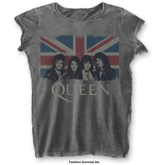 Queen Ladies T-Shirt: Vintage Union Jack (Burnout) - Queen - Produtos - Bravado - 5055979983873 - 