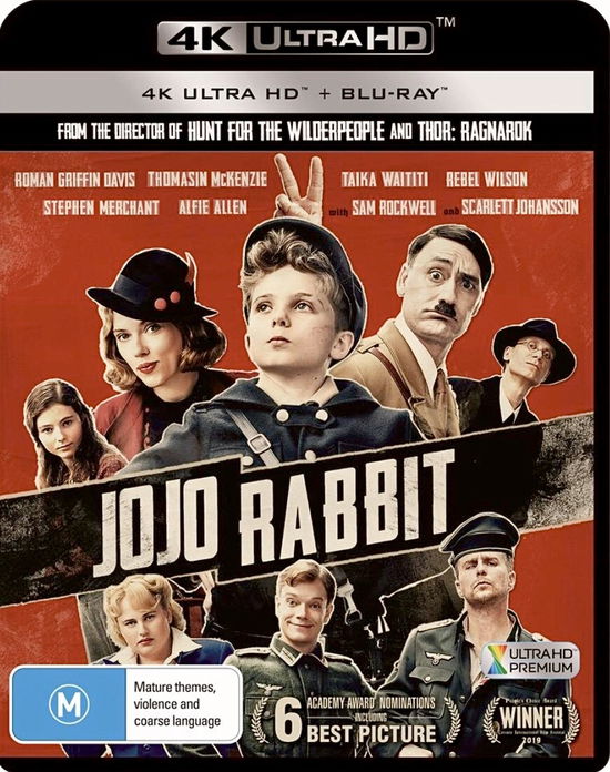 Cover for Davis, Roman Griffin, Mckenzie, Thomasin, Johansson, Scarlett, Rockwell, Sam, Wilson, Rebel, Allen, Alfie, Merchant, Stephen, Yates, Archie, Field, Luke Brandon, Haygarth, Sam, Callas, Stanislav, Weintraub, Joe, Caspe, Brian, Andrews, Gabriel, Waititi, T · Jojo Rabbit (4k / Blu-ray) (Blu-ray) (2020)