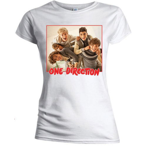 One Direction Ladies T-Shirt: Band Red Border (Skinny Fit) - One Direction - Fanituote - ROFF - 5055295351882 - maanantai 24. maaliskuuta 2014