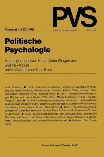 Cover for Max Kaase · Politische Psychologie - Politische Vierteljahresschrift Sonderhefte (Paperback Book) [1981 edition] (1982)