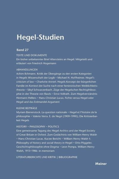 Cover for Otto Poeggeler · Hegel-Studien / Hegel-Studien Band 27 (Paperback Book) (1992)