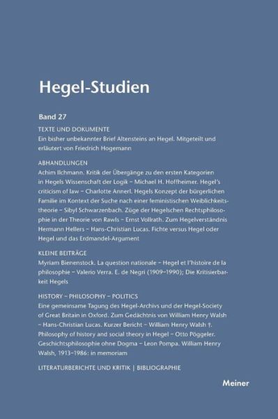 Hegel-Studien / Hegel-Studien Band 27 - Otto Poeggeler - Kirjat - Felix Meiner - 9783787314911 - 1992