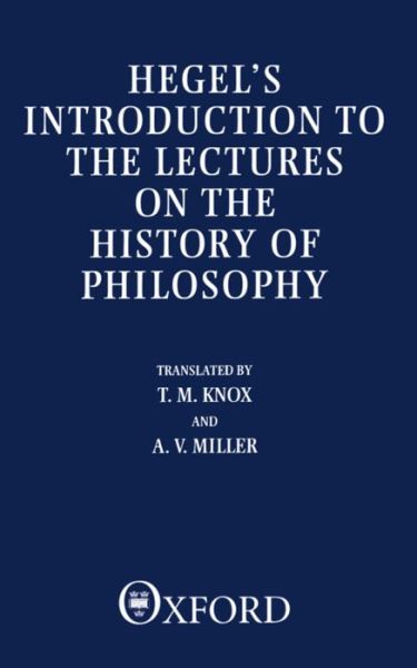 Cover for G. W. F. Hegel · Introduction to the Lectures on the History of Philosophy (Pocketbok) (1987)