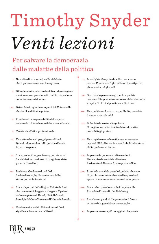 Cover for Timothy Snyder · Venti Lezioni. Per Salvare La Democrazia Dalle Malattie Della Politica (Book)