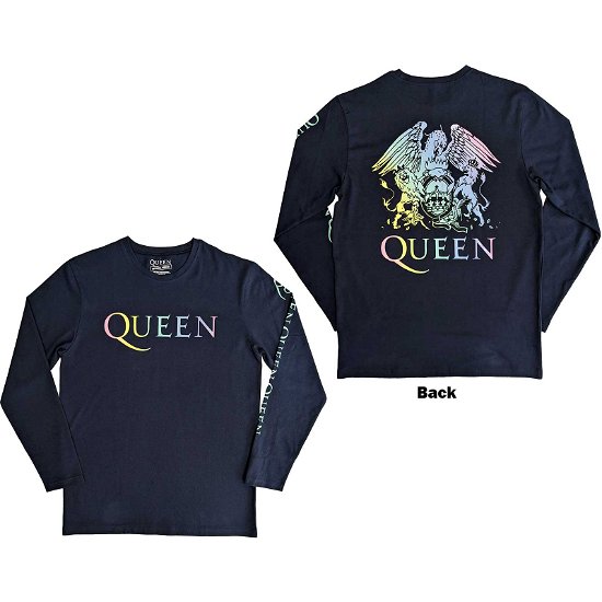 Queen Unisex Long Sleeve T-Shirt: Rainbow Crest (Back & Sleeve Print) - Queen - Merchandise -  - 5056561089935 - 