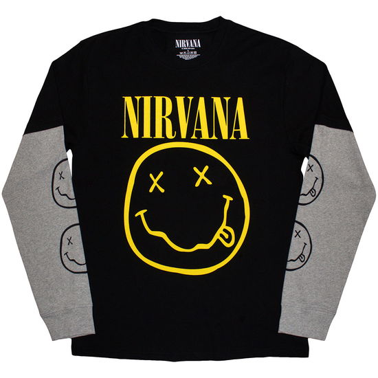 Cover for Nirvana · Nirvana Unisex Layered Long Sleeve T-Shirt: Yellow Happy Face (Black &amp; Grey) (Sleeve Print) (Trøje / bluse) [size S] (2025)