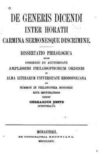 Cover for Gerhard Beste · De generis dicendi inter Horatii carmina sermonesque discrimine (Pocketbok) (2016)