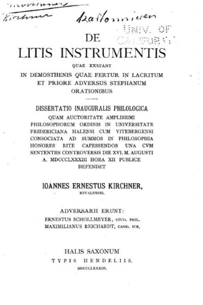 Cover for Ioannes Ernestus Kirchner · De litis instrumentis (Paperback Book) (2015)