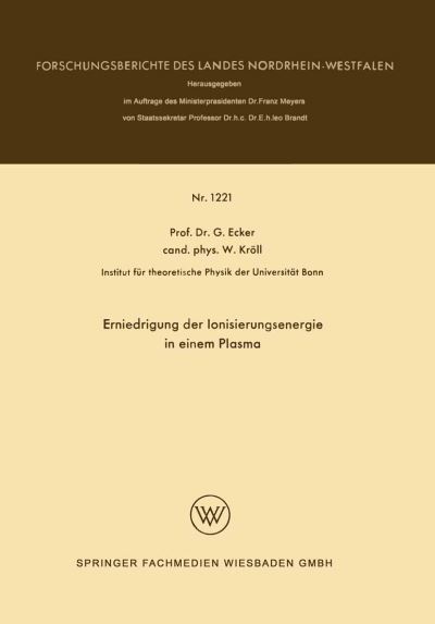 Cover for Gunter Ecker · Erniedrigung Der Ionisierungsenergie in Einem Plasma (Paperback Book) [1962 edition] (1962)