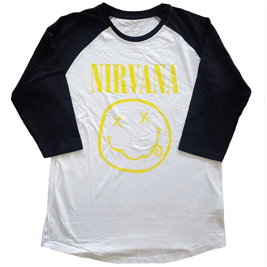 Nirvana Unisex Raglan T-Shirt: Yellow Happy Face - Nirvana - Mercancía -  - 5056368621970 - 