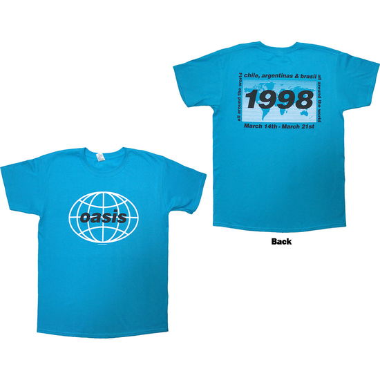 Oasis Unisex T-Shirt: 1998 World Tour - South America (Blue) (Back Print) - Oasis - Merchandise -  - 5056836434972 - February 27, 2025