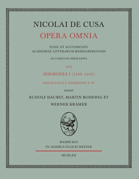Cover for Nikolaus Von Kues · Nicolai De Cusa Opera Omnia. Volumen Xvi 1. (Taschenbuch) [German edition] (1970)