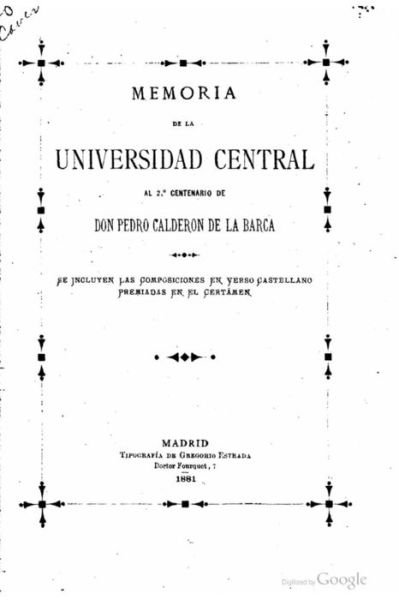Cover for Pedro Calderon De La Barca · Memoria De La Universidad Central Al 2do Centenario De Don Pedro Calderon De La Barca (Taschenbuch) (2015)