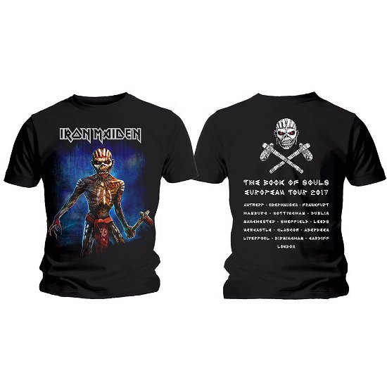 Cover for Iron Maiden · Iron Maiden Unisex T-Shirt: Axe Eddie Book of Souls European Tour V.2 (Back Print) (T-shirt) [size S] [Black - Unisex edition]